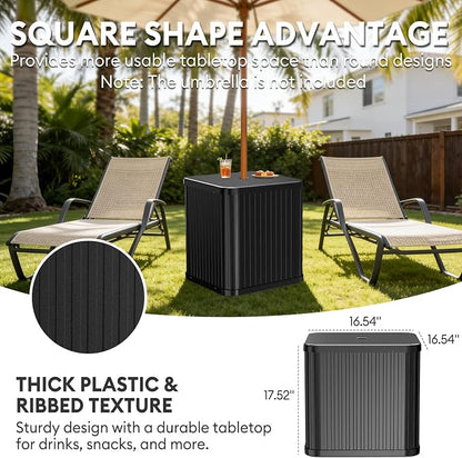 Umbrella Side Table Outdoor Patio Table with Umbrella Hole, Heavy Duty Plastic Poolside Table Holds 132 lbs with Water Filled Base, Fits ≤1.5”Umbrella Pole for Poolside & Backyard, White