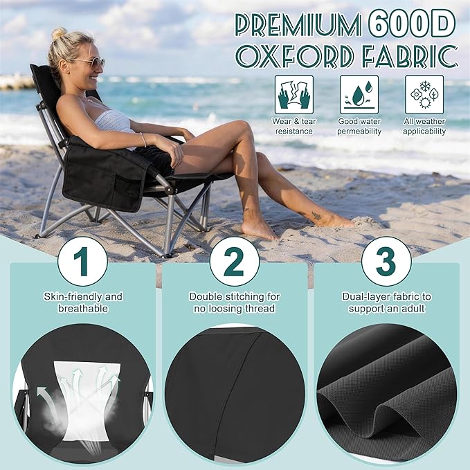 HaSteeL Low Beach Chairs for Adults, Lightweight Camping Folding Chair with Carrying Bag, Portable for Outdoors Lawn Backyard Patio RV Trip Fishing Sport Tailgating, Support 300LBS, Black, 2 Pack
