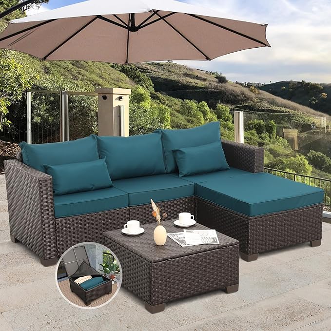 Outdoor Furniture Set 3 Pieces Outdoor Sectional Sofa Set Wicker Patio Furniture Outdoor Couch Outdoor Ottoman Coffee Table with Storage All-Weather Anti-Slip Cushions Waterproof Covers, Peacock Blue