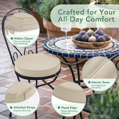 Summsun Outdoor Bistro Chair Cushions Set of 2, 15" D x 3" H Round Chair Cushions Waterproof and Fade Resistant Chair Cushion Pads with Non-Slip Ties and Removable Covers for Garden, Cream