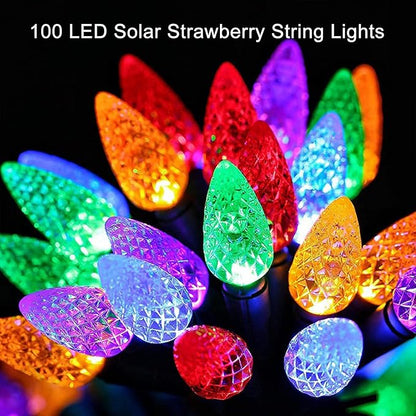 Solar String Strawberry Lights Outdoor 100 LED 40Ft Multi-Color Christmas Fairy Lights with 8 Lighting Modes, Waterproof Solar Lights Outdoor for Garden Christmas Wedding Party Xmas Tree Decoration