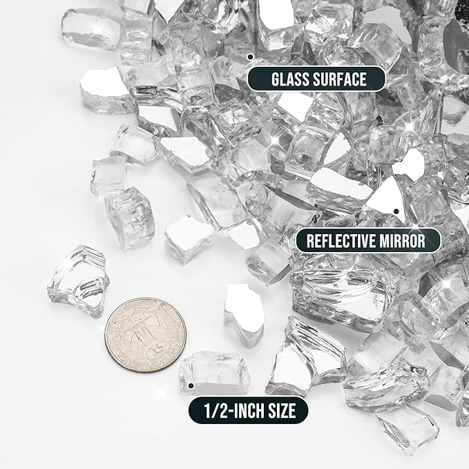 Skyflame 15LB Fire Pit Glass, High Luster Tempered Fire Glass Pellets for Fire Pit Table and Fire Bowl, 1/2-Inch Platinum