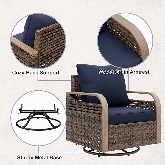 COOS BAY Modern Wicker Outdoor Furniture Set, Patio Conversation Set with Swivel Rockers, 2 Seat Loveseat, Coffee Table and Side Table, 5 Piece, Brown/Blue