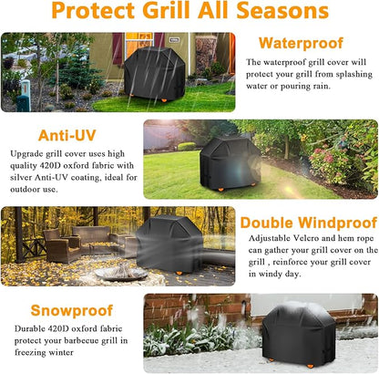 Aoretic Grill Cover 52 inches Gas-BBQ Grill Cover, Waterproof,Anti-UV Material with Hook-and-Loop Straps & Adjustable Hem Drawstring for Weber Nexgrill Char-Broil Monument Dyna-Glo