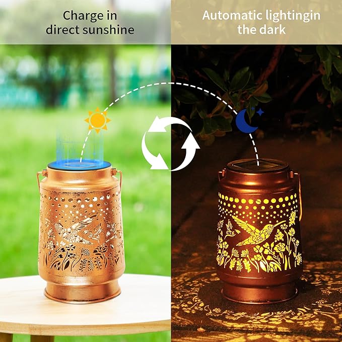 Solar Lantern Outdoor Waterproof Hanging Lights, Metal Hummingbird Decorative Lanterns for Garden Patio Yard Pathway Porch, Solar Powered Outdoor Lantern Gifts for Women Mom Grandma