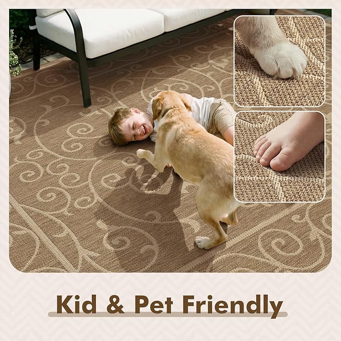 MontVoo-Outdoor Rug-Patio Rug 6x9 ft Polypropylene Indoor Outdoor Rugs Outdoor Carpet for Patio Deck Balcony Porch, Textured Weave, Durable for High Traffic, Fade-Resistant, Vintage Neutral Brown
