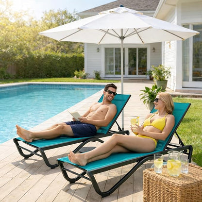 Kozyard Outdoor Chaise Lounge Chair, All Aluminum Frame, Fully Flat Adjustable Reclining Patio Lounger for Poolside, Sunbathing & Backyard, Textilene (Aqua, 2Chairs)