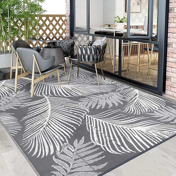 Pauwer Waterproof Outdoor Rug 6x9, Reversible Plastic Straw Patio Camping Rug, Indoor Outdoor RV Mat Carpet for Deck, Camper, Porch, Balcony, Backyard, Picnic, Leaf Grey