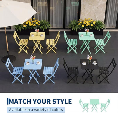 GarveeTech 3-Piece Folding Bistro Set, Heavy Duty Outdoor Patio Furniture with 2 Chairs & 1 Table, Weather-Resistant Steel Frame, No Assembly Required for Garden, Yard, Balcony,Green