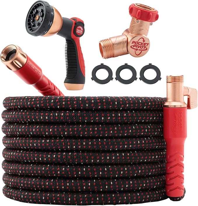 Pocket Hose Ballistic 100 FT Expandable Garden Hose w/Pocket Pivot Swivel Connector, Anti-Burst Sleeve Reinforced with Bulletproof Fiber, Lightweight, No-Kink, Compact, UV-Protected, AS SEEN ON TV