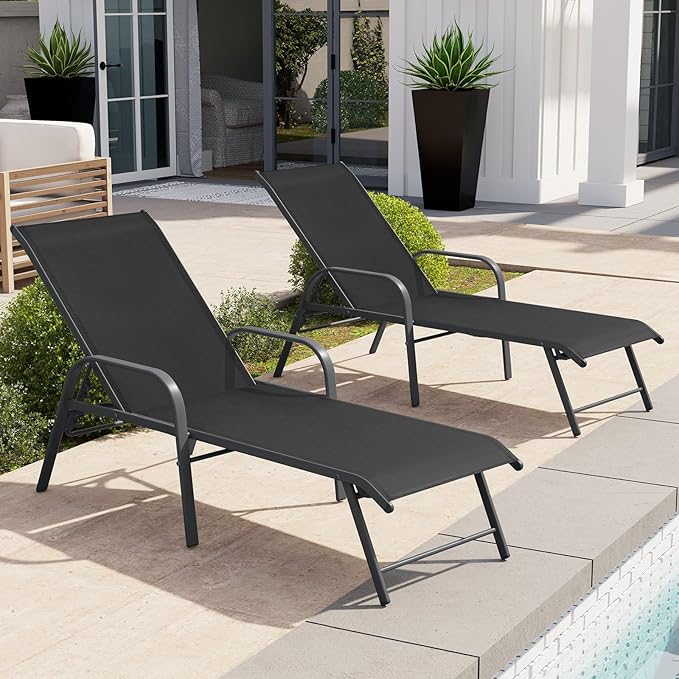 Crestlive Products Lounge Chair Outdoor with Armrests, Pool Lounge Chairs Set of 2, Aluminum Adjustable 5 Positions Tanning Chairs for Outside, Patio, Poolside, Yard, Deck, Backyard (Black)