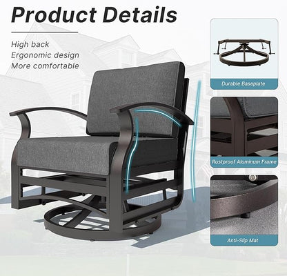 Kurapika 3 Pieces Patio Furniture Set, Outdoor Aluminum Swivel Gliders Rocker, Patio Bistro Set Rocking Chair with Thickened Cushions and Tempered Glass Side Table for Porch Garden Deck (Black)