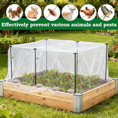 Metal Garden Netting Kit, 6 Pack 2.6ft Raised Garden Bed Net Support Stakes with 10´×13´ Fine Mesh Insect Netting 12pcs Clips Bird Barrier Screen Cover for Protect Plant Vegetable Row from Animals Bug