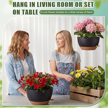 Sliner Set of 4-12 Inch Self Watering Hanging Planters Includes Hanging Pots and Outdoor Hanger Plant Pots with Drainage Holes 2 Types of Hanger Basket Hooks for Patio Garden(Black Brown)