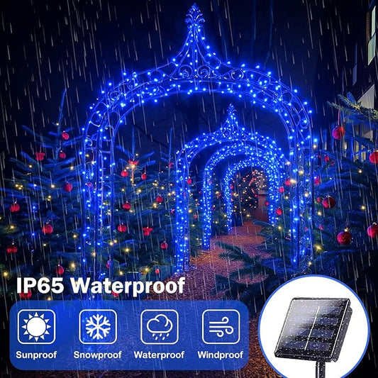 4 Pack 180FT Solar Christmas Lights Outdoor Waterproof, Super Bright 320 LED Solar String Lights with 8 Lighting Modes, Green Wire Solar Twinkle Fairy Lights for Outside Tree Xmas Party Garden(Blue)