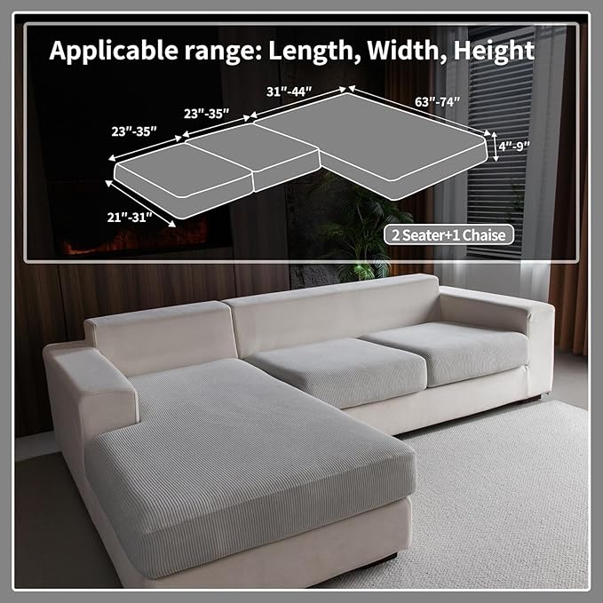 OHSIO Sectional Couch Covers, Wear Resistant Stretch Sofa Covers Washable Soft Couch Cushion Covers Anti Slip Furniture Protector Sofa Slipcovers for Pets(3 Pieces 2 Seaters+1 Chaise, Light Gray)