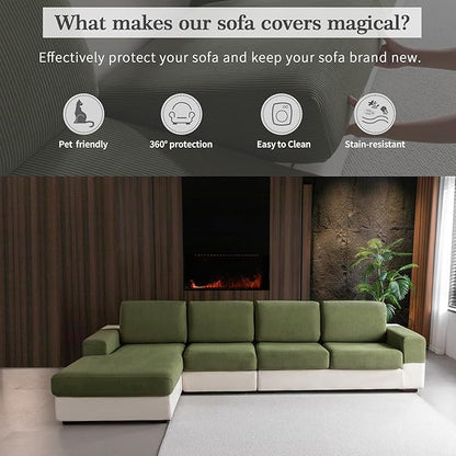 OHSIO Sectional Couch Covers, Wear Resistant Stretch Sofa Covers Washable Soft Couch Cushion Covers Anti Slip Furniture Protector Sofa Slipcovers for Pets(3 Pieces 2 Seaters+1 Chaise, Green)