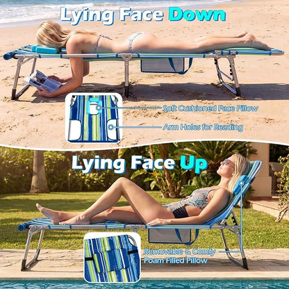 GYMAX Tanning Chair, 330LBS Beach Lounge Chair w/Face Arm Hole & Hand Shoulder Strap, Folding Layout Sunbathing Chair, Face Down Outdoor Chaise Lounger for Patio, Poolside, Backyard (2, Blue Stripe)