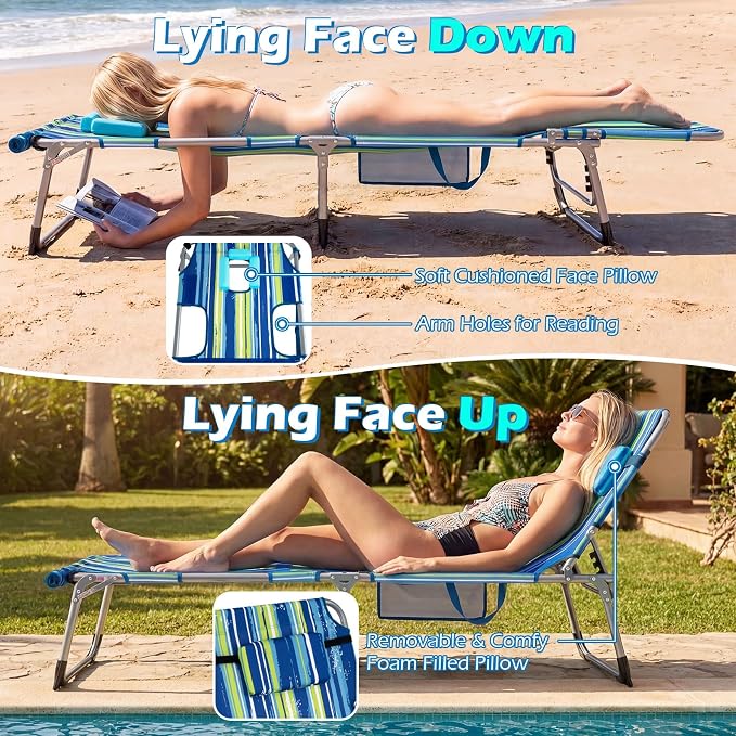 GYMAX Tanning Chair, 3 in 1 Sun Bathing Lounge Chairs with Face/Arm Holes & Side Pocket, Portable Lightweight Face Down Layout Tanning Chair for Outside, Beach, Backyard, Poolside (1, Blue Stripe)
