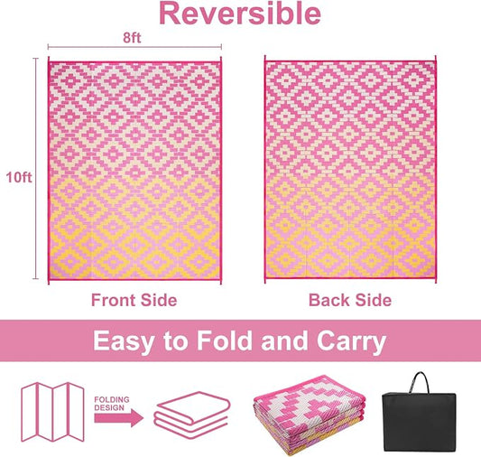 Anidaroel Ombre Outdoor Rugs 8x10 for Patios Clearance, Waterproof Camping Rugs for Outside RV, Reversible Plastic Straw Mat, Large Outdoor Area Rug for Deck, Backyard, Picnic(Orange&Pink,8‘x10')