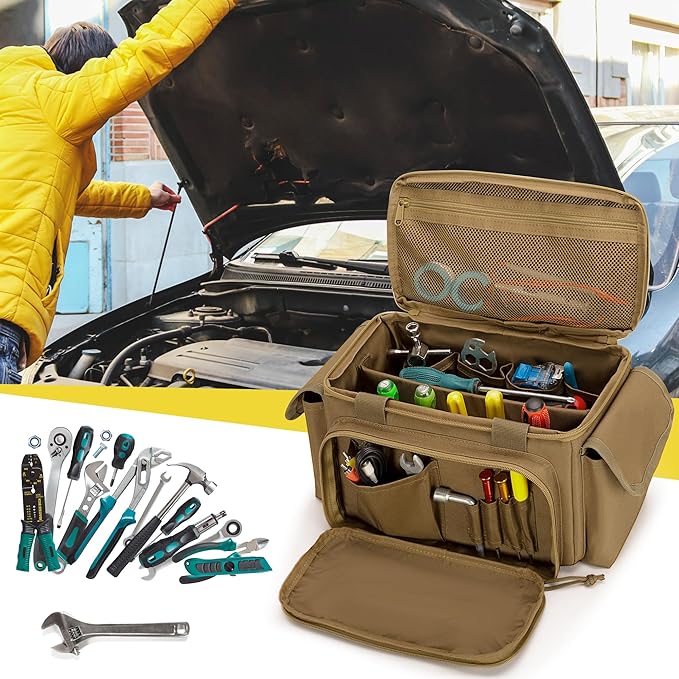 Rexmica Small Tool Bag with Anti-friction and Thick Padded Bottom, Tool Storage Organizer for Men, Tactical Bag, Range Bag, Multi-functional Work Tote for Repairman, Electrician, Carpenters (Khaki)