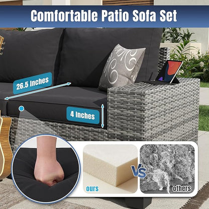 Aoxun 7 Pieces Patio Furniture Set with 44” Fire Pit Table Wicker Rattan Outdoor Sectional Conversation Set with Coffee Table and 4” Thickened Cushions, Gray/Black(Waterproof Cover Included)