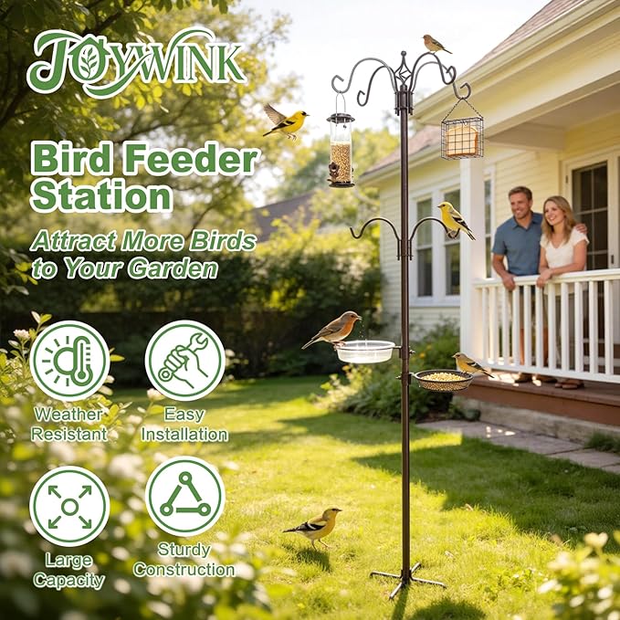 94" Bird Feeding Station Kit with Multiple Hooks, Heavy Duty Metal Bird Feeding Station with Seed Tray & Mesh Basket, Easy Assembly Ground Mounted Bird Feeder Pole for Garden Yard Outdoor