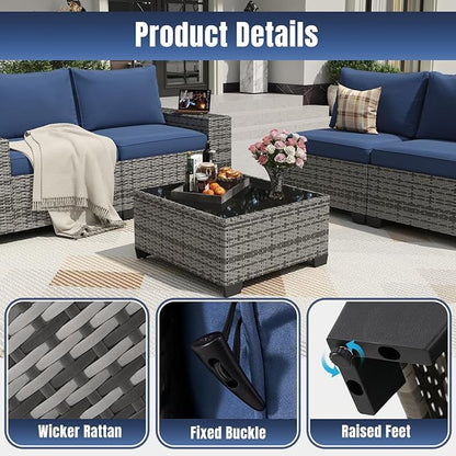 Aoxun 13 Pieces Patio Furniture Set with 44” Fire Pit Table Wicker Rattan Outdoor Sectional Conversation Set with Coffee Table and 4” Thickened Cushions, Gray/Blue(Waterproof Cover Included)