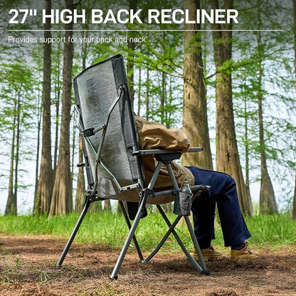 EVER ADVANCED Reclining Camping Chairs for Adult Lightweight, Portable Compact Folding Chair with High Back, 4-Level Recliner Chairs, Lawn Chair for Patio Balcony, Supports 350lbs, Stretch Mesh Grey