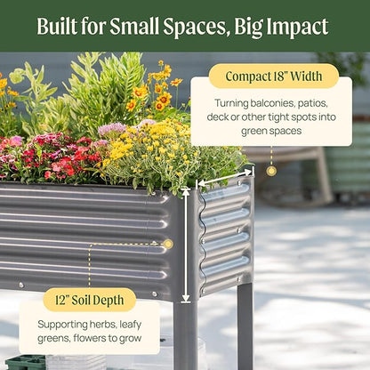 Rolling Elevated Raised Garden Bed - Slim Series, 1.5' x 3.5' Outdoor Planters Boxes with Legs & Storage Rack for Patio, 500 Lbs Weight Capacity, Raised Beds for Gardening Herbs Flowers, Pearl White