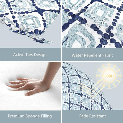 LVTXIII Outdoor Chair Cushions 18.5"x16"x2" Pack of 2, Water-Repellent Square Corner Memory Foam Seat Cushions with Ties for Garden Patio Furniture, Boho Geometry Blue