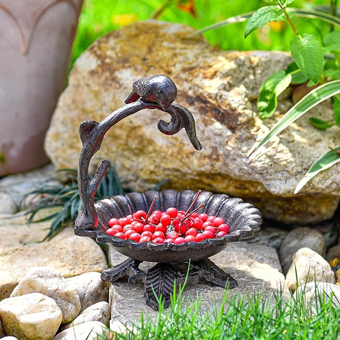 Sungmor Cast Iron Sunflower Birdbath for Outdoors, Vintage Small Fence Post Bird Feeder Bird Seed Tray, 6.1 Inch Patio Table Bird Bath Bowl, Home Garden Lawn Yard Decorations, Rustic Brown