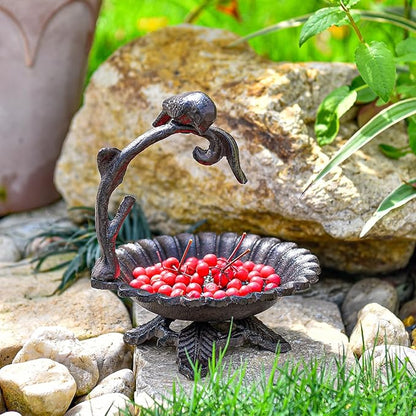 Sungmor Cast Iron Sunflower Birdbath for Outdoors, Vintage Small Fence Post Bird Feeder Bird Seed Tray, 6.1 Inch Patio Table Bird Bath Bowl, Home Garden Lawn Yard Decorations, Rustic Brown