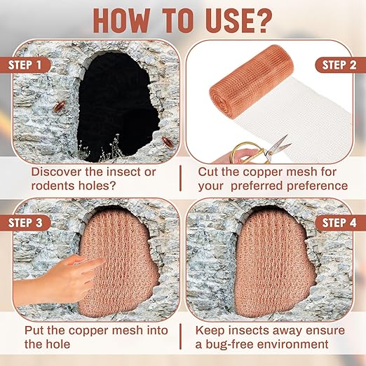 Gisafai 8" x 100 ft Copper Mesh Rodent Control Copper Wool for Slugs Rustproof DIY Hole Filler Pure Wire Mesh for Bat Snail Bird Pest Rodent Control Gap Blocker Fill Fabric Hole Gardening (2 Roll)