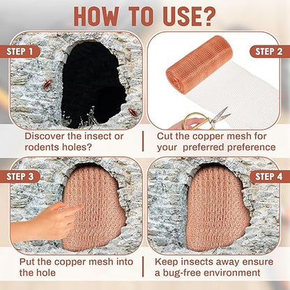 Gisafai 8" x 100 ft Copper Mesh Rodent Control Copper Wool for Slugs Rustproof DIY Hole Filler Pure Wire Mesh for Bat Snail Bird Pest Rodent Control Gap Blocker Fill Fabric Hole Gardening (2 Roll)