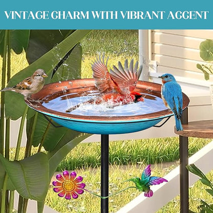 WANGIRO 11.4" Standing Bird Bath for Outdoors - 33" Tall Metal Birdbaths with Trellis Stake,Retro Copper & Blue Garden Decor, Detachable Bowl with Hummingbird & Flower Accent for Yard, Patio, Lawn