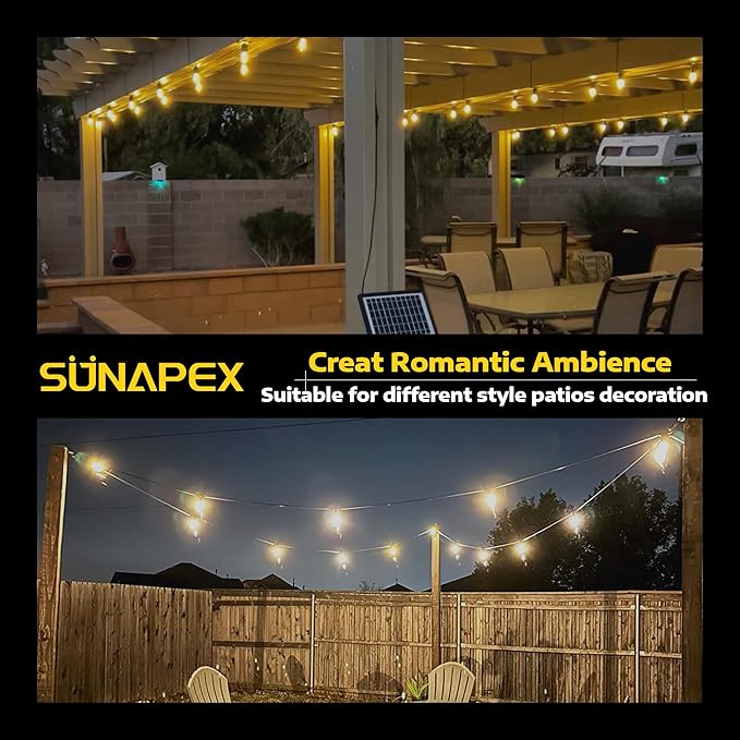 SUNAPEX Solar String Lights Outdoor Waterproof,96FT Solar Patio Lights with Shatterproof Edison Bulbs,Outdoor String Lights Solar Powered for Patio,Camping,Backyard