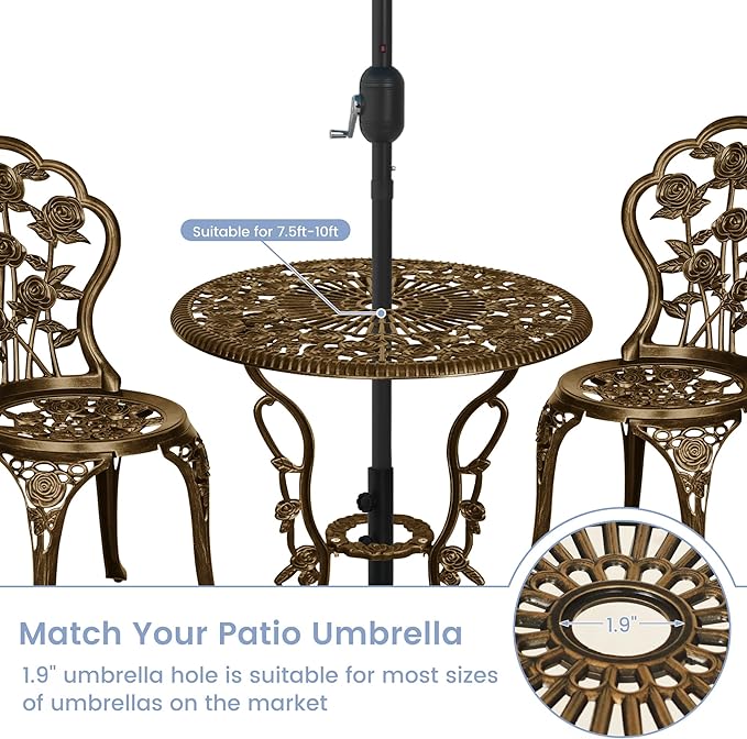 3 Piece Patio Bistro Table Set, Outdoor Stylish Rose Flower Bistro Set with Umbrella Hole, Small Cast Aluminum Table and Chairs Set for Balcony Furniture, Dark Bronze
