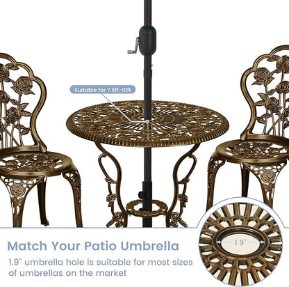 3 Piece Patio Bistro Table Set, Outdoor Stylish Rose Flower Bistro Set with Umbrella Hole, Small Cast Aluminum Table and Chairs Set for Balcony Furniture, Dark Bronze