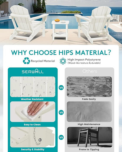 SERWALL Folding Adirondack Chair - HIPS Adirondack Chairs Outdoor Chairs Weather Resistant Fire Pit Chairs- White