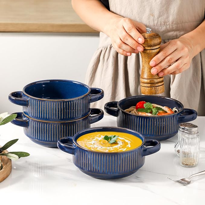 Soup Bowls with Handles, 23 oz French Onion Soup Crocks, Stackable Soup Bowl Oven Safe for Chili, Beef Stew, Embossment Ceramic Bowl Set - 5.4 Inch, Set of 4,Blue
