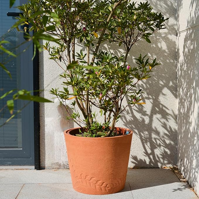 GreenShip 15 inch Large Planters, Set of 2 Relief Planters - Recycled Resin & Stone Composite Flower Pots - Weather Resistant Lightweight Garden Pots for Indoor Outdoor Plants