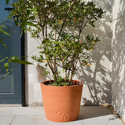 GreenShip 15 inch Large Planters, Set of 2 Relief Planters - Recycled Resin & Stone Composite Flower Pots - Weather Resistant Lightweight Garden Pots for Indoor Outdoor Plants