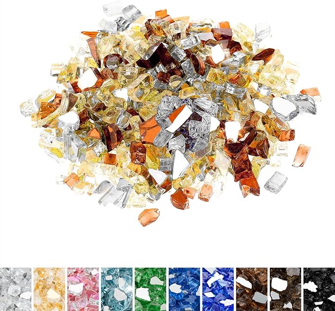 Mr. Fireglass 10 Pounds Blended Reflective Fire Glass for Fire Pit Fireplace and Landscaping, 1/2 Inch Mixed Colored High Luster Fireglass Rocks for Outdoor and Indoor Use Copper+Gold+Platinum