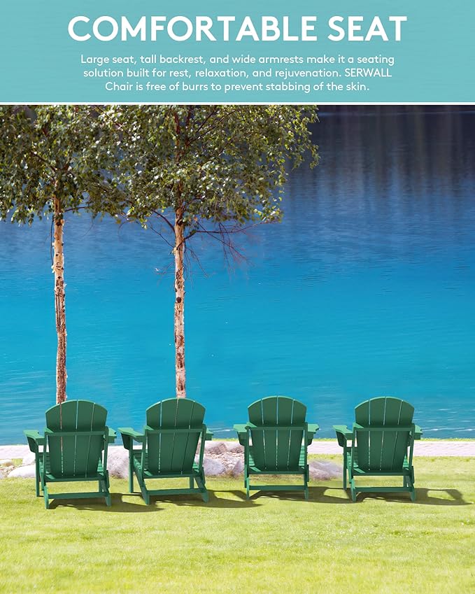 SERWALL Folding Adirondack Chair Painted Adirondack Chair Set of 8 Weather Resistant for Patio Deck Garden, Fire Pit & Lawn Furniture Porch - Green