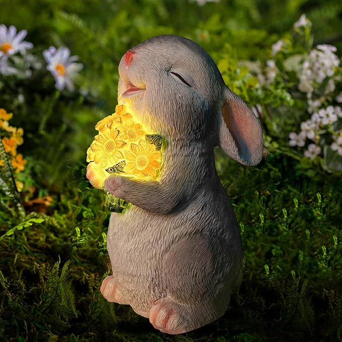 Solar Rabbit Garden Statues Outdoor Bunny Decor Resin Rabbit Figurine Holding Sunflower with LED Lights for Proch Patio Lawn Yard Christmas Birthday Gardening Gifts for Mom Women