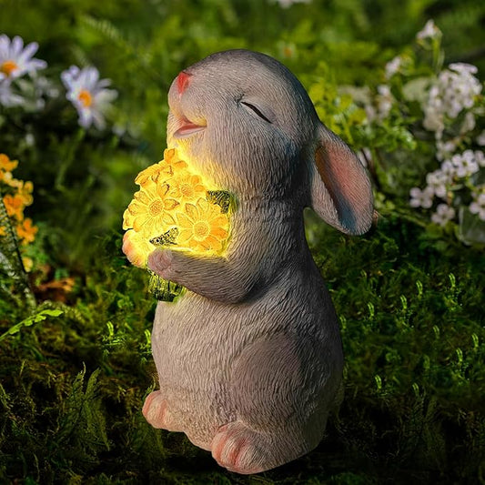 Solar Rabbit Garden Statues Outdoor Bunny Decor Resin Rabbit Figurine Holding Sunflower with LED Lights for Proch Patio Lawn Yard Christmas Birthday Gardening Gifts for Mom Women