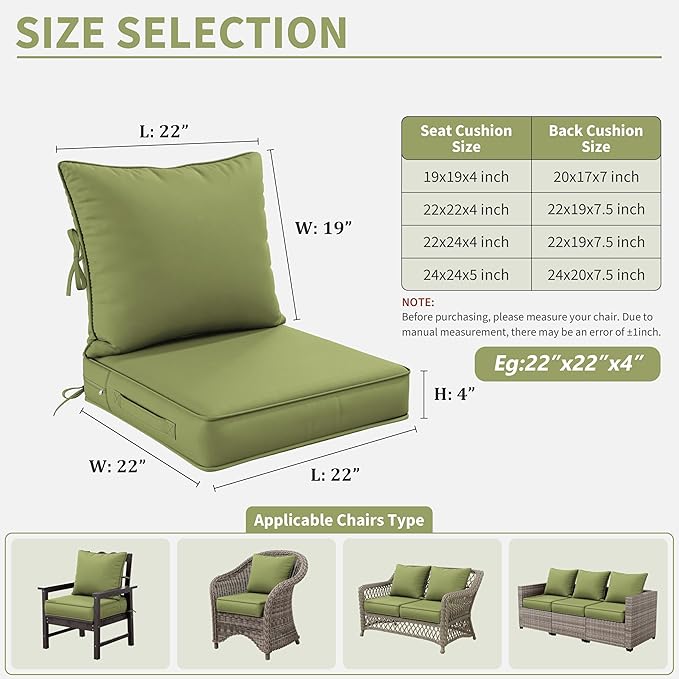 Premium Outdoor Seat Cushion Chair Cushions for Patio Furniture 22 L X 22 W X 4 H Waterproof & Fade Resistant Deep Seat and Backrest Cushion Set with Removable Covers for Chair, Sofa