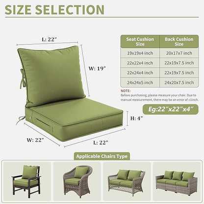 Premium Outdoor Seat Cushion Chair Cushions for Patio Furniture 22 L X 22 W X 4 H Waterproof & Fade Resistant Deep Seat and Backrest Cushion Set with Removable Covers for Chair, Sofa
