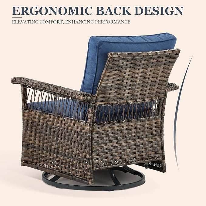 Patio Furniture Set 2 Wicker Swivel Glider Chairs with 2 PE Rattan Ottomans Brown Wicker Blue Cushions Patio Conversation Set 4pcs for Garden Balcony Sunroom Backyard